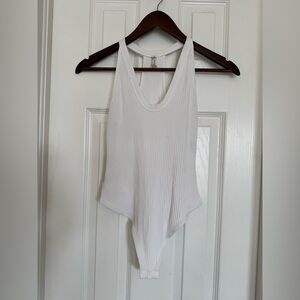 Free People White Ribbed V-Neck Bodysuit